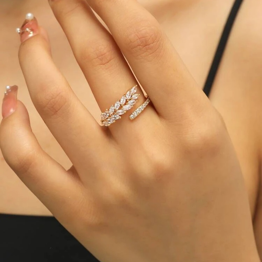 Elegant Gold Leaf Ring, Cubic Zirconia Leaf Wrap Ring, Olive Branch Ring